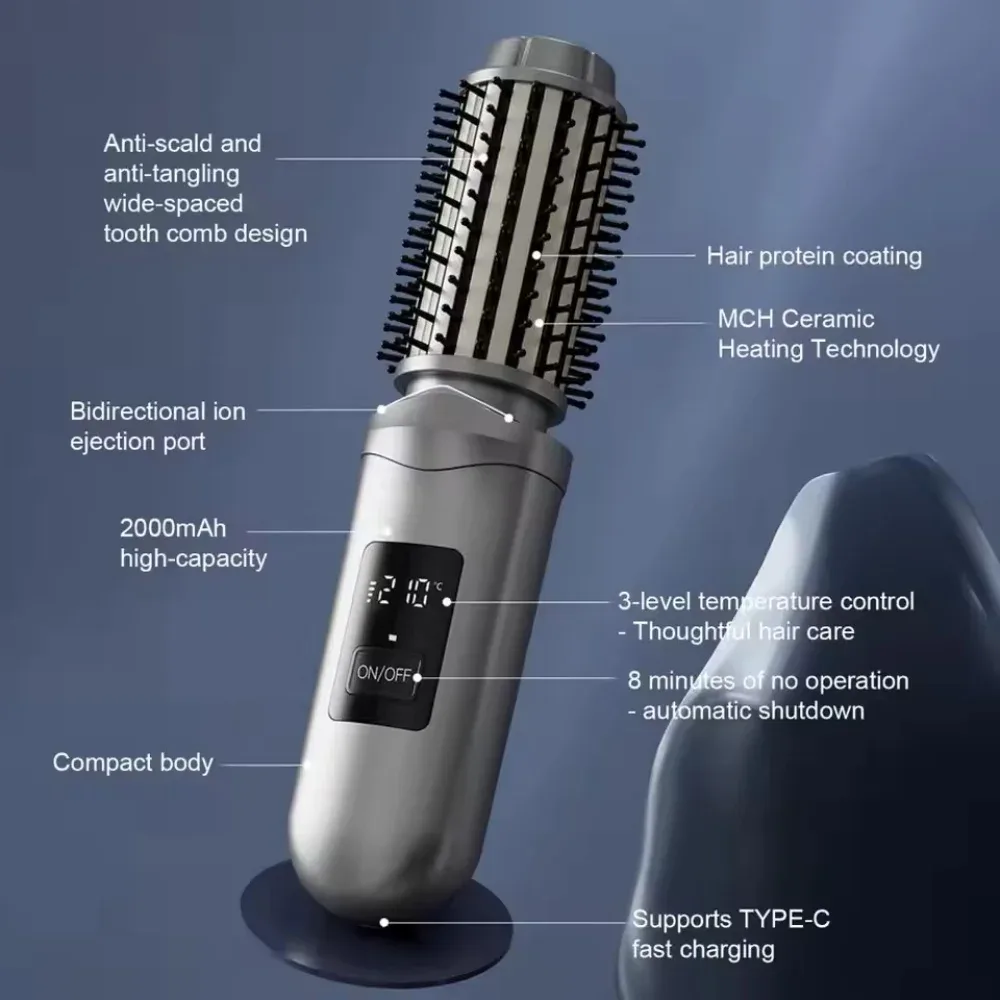 Brosse lissante chauffante sans fil grise, USB