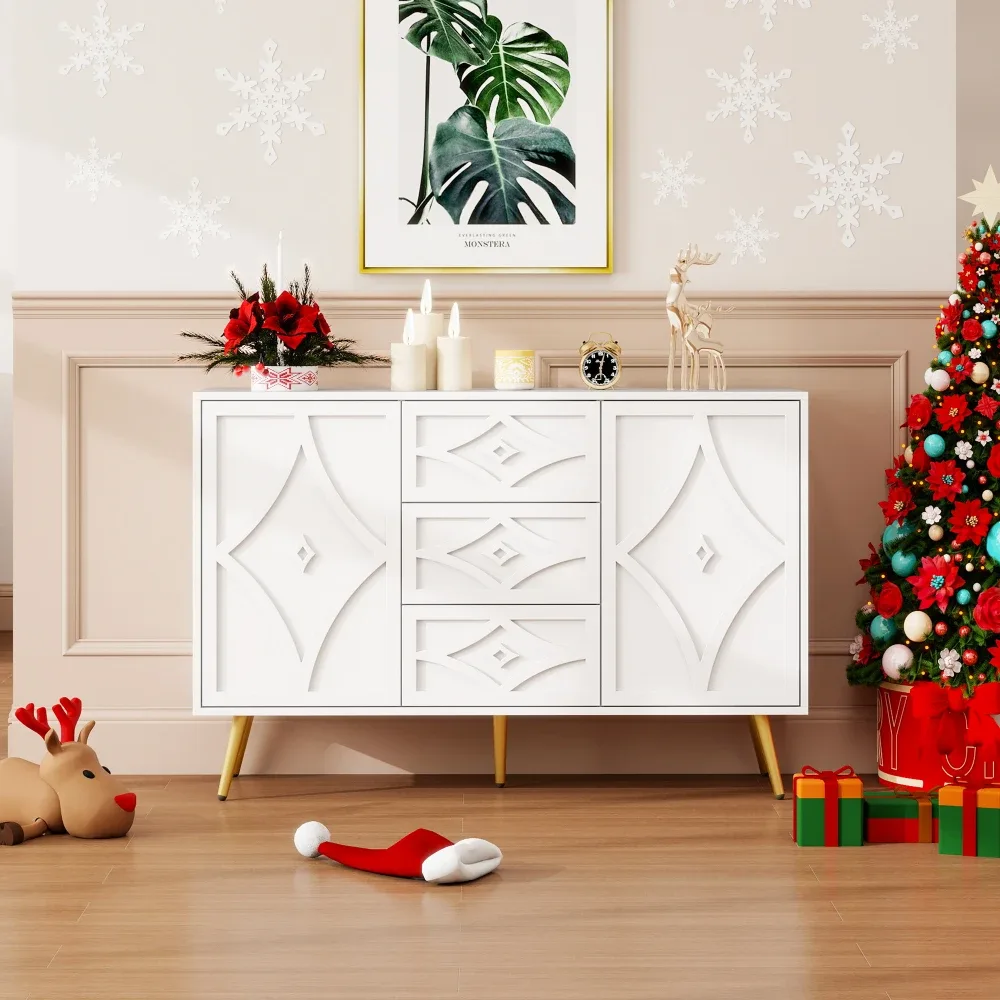 Buffet blanc 3 tiroirs et 2 portes, motifs rouges