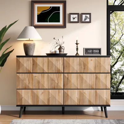 Buffet six tiroirs noir et bois, pieds noirs