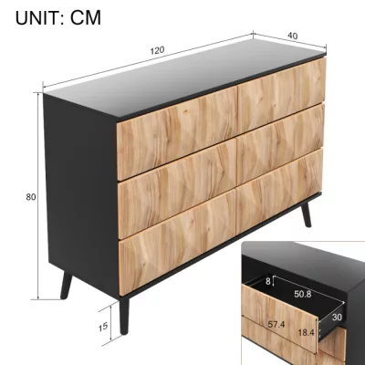 Buffet six tiroirs noir et bois, pieds noirs – image 2