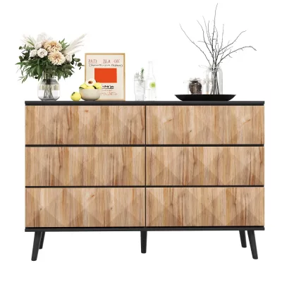 Buffet six tiroirs noir et bois, pieds noirs – image 3