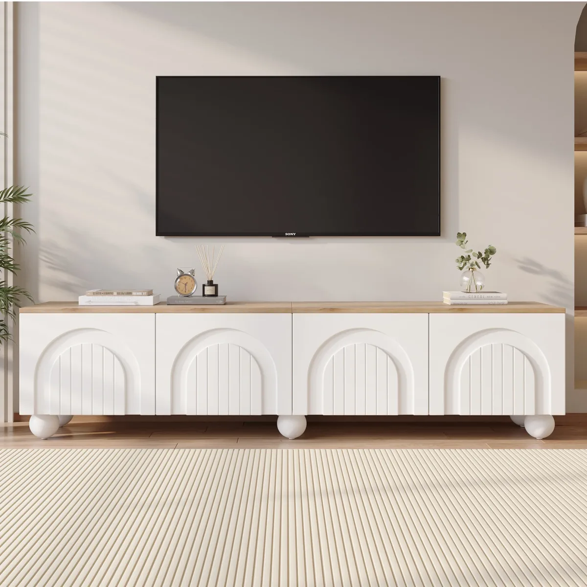 Meuble TV blanc et bois, 4 portes, 180 cm
