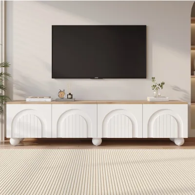 Meuble TV blanc et bois, 4 portes, 180 cm