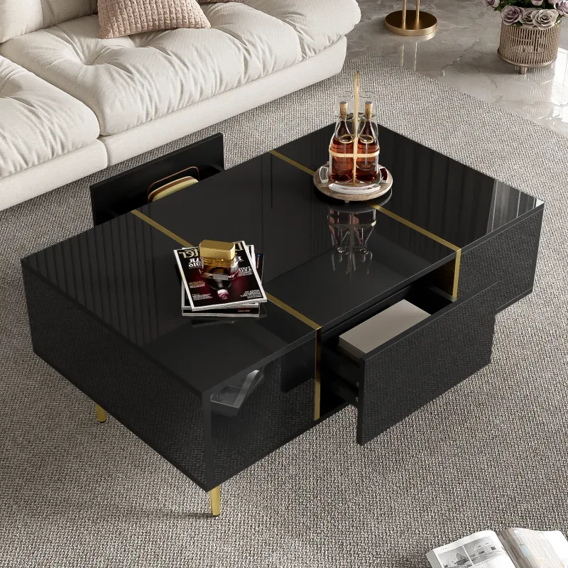 Table basse rectangulaire noire brillante à tiroirs