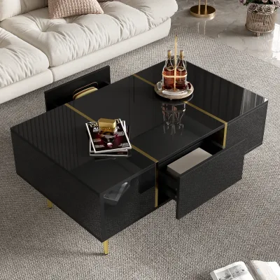 Table basse rectangulaire noire brillante à tiroirs
